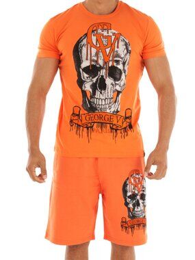 Avenue George V Paris Short Set Men's Short Sleeve ORANGE Rhinestone Skull XL L